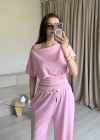 Pembe Bel Detay Düşük Omuz Takım