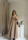 Açık Kahve Askılı Keten Elbise