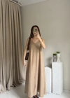 Açık Kahve Askılı Keten Elbise