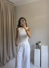 Beyaz Kolsuz Yan Büzgülü Bluz