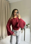Bordo Belden Oturtmalı Yarasa Kol Bluz