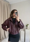 Bordo Beli Lastikli Deri Ceket
