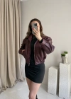Bordo Beli Lastikli Deri Ceket
