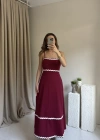 Bordo Biye Geçişli Elbise