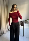 Bordo Büzgülü Düşük Omuz Bluz