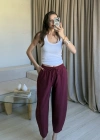 Bordo Keten Yıkamalı Balon Pantolon