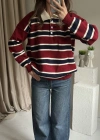 Bordo Polo Yaka Çizgili Kazak