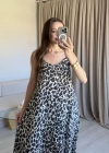 İnce Askılı Açık Renk Leopar Elbise