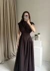 Kahve Bel Detaylı Vatkalı Elbise