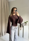 Kahve Belden Oturtmalı Yarasa Kol Bluz