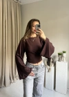 Kahve Belden Oturtmalı Yarasa Kol Bluz