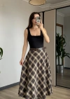Kahve Ekose Kemerli Etek