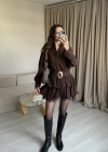 Kahve Kemerli Dantel Elbise