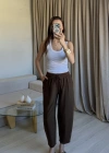 Kahve Keten Yıkamalı Balon Pantolon