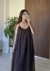 Kahve Puantiye Desenli İp Askı Elbise