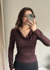Kahve Şal Yaka Büzgülü Bluz