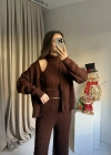 Kahve Üçlü Örgü Triko Takım