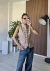 Krem Apoletli Denim Yelek