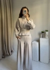 Krem Beli Kemerli Premium Kumaş Takım