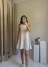 Krem Çizgili Kısa Elbise