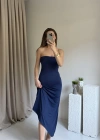 Lacivert Straplez Asimetrik Kesim Elbise