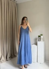 Mavi Askılı Keten Elbise