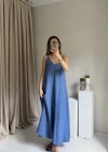 Mavi Askılı Keten Elbise