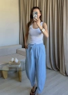 Mavi Keten Yıkamalı Balon Pantolon
