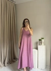 Pembe Askılı Keten Elbise