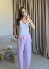 Pembe Keten Yıkamalı Balon Pantolon