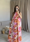 Pembe/Turuncu Boyundan Bağlamalı Elbise