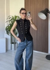 Siyah Apoletli Denim Yelek