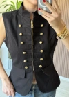 Siyah Apoletli Denim Yelek