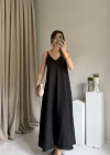 Siyah Askılı Keten Elbise