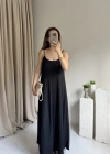 Siyah Ayarlanabilir Askı Gofre Elbise