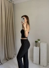 Siyah Çizgili Straplez Pantolon Takım