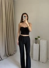 Siyah Çizgili Straplez Pantolon Takım