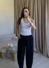 Siyah Keten Yıkamalı Balon Pantolon