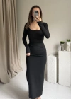 Siyah Maxi Boy Fitilli Elbise