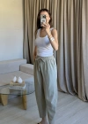 Yeşil Keten Yıkamalı Balon Pantolon
