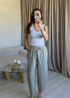 Yeşil Keten Yıkamalı Balon Pantolon
