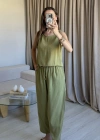 Yeşil Tencel Kalın Askılı Takım