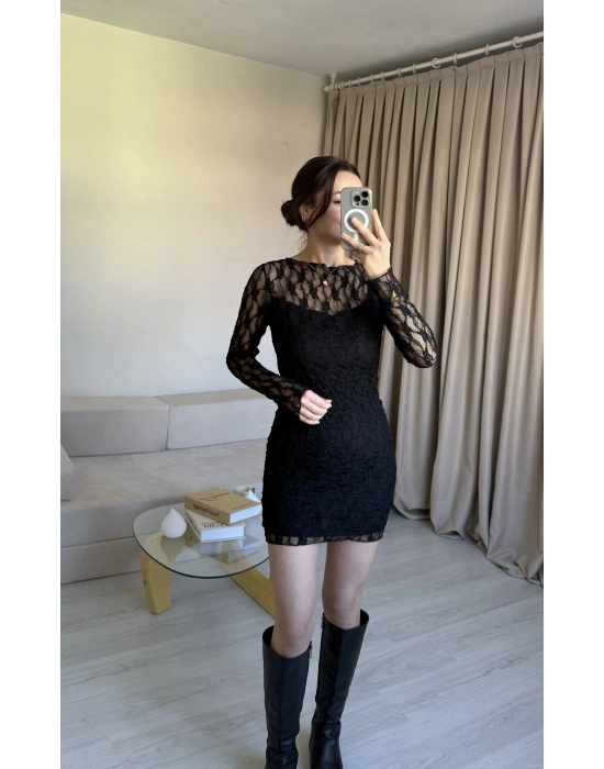 Siyah Astarlı Dantel Elbise