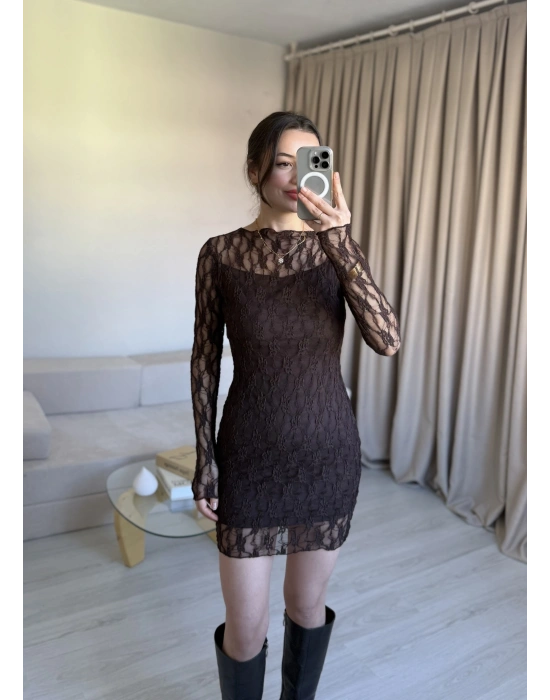 Kahve Astarlı Dantel Elbise