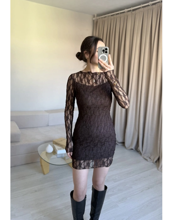 Kahve Astarlı Dantel Elbise
