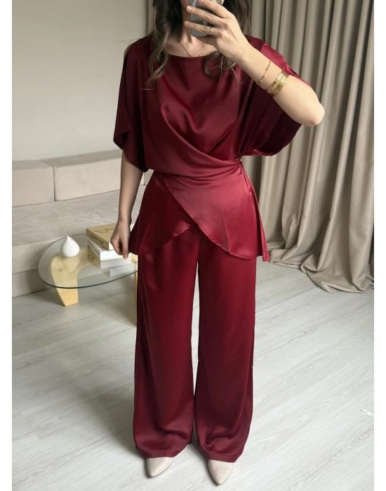 Bordo Bağlamalı Saten Takım