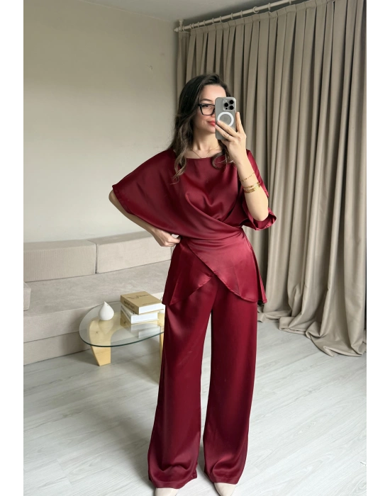 Bordo Bağlamalı Saten Takım