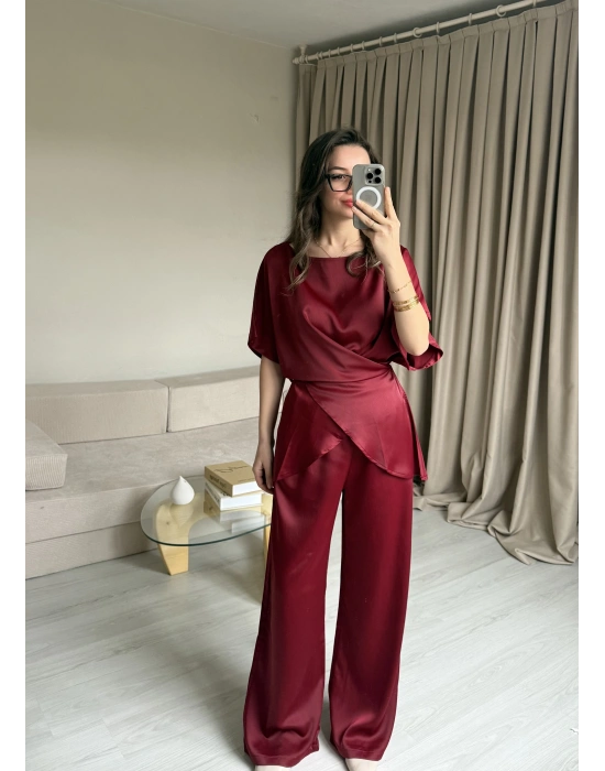 Bordo Bağlamalı Saten Takım