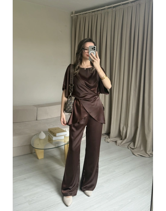 Kahve Bağlamalı Saten Takım