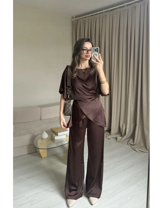 Kahve Bağlamalı Saten Takım